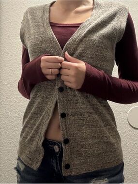 Grey/Beige Button Down Sweater Cardigan Vest V Neck